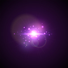 Purple Flash with rays and spotlight. Realistic light glare, high loth, star glow. Lens flare effect on black background. Bright Sunflare Explosion. Shining Vector illustration Beautiful Template.
