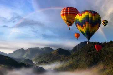 Photo sur Plexiglas Ballon Montgolfières avec paysage de montagne.