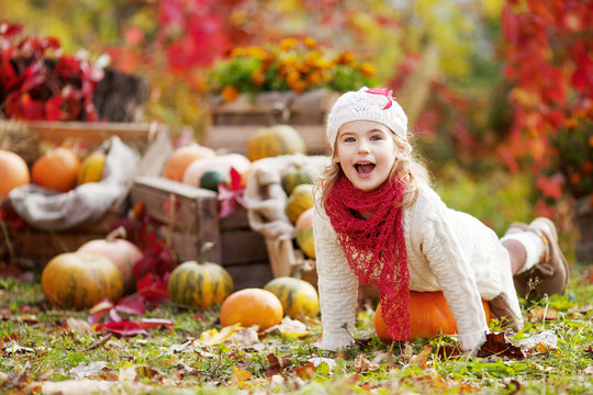 Cute little girl playing with pumpkins in autumn park. Autumn activities for children. Halloween and Thanksgiving time fun for family.