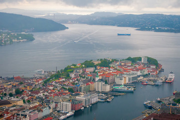 Aerial view of Bergen, Norway. Scenic view of city center, Vagen harbor and Puddefjorden