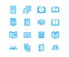 Books flat line icons. Reading, library, literature education illustrations. Thin signs for e-book store, textbook, encyclopedia. Pixel perfect 64x64. Editable Strokes.