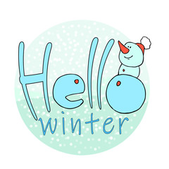 Vector greeting greeting card of winter in a circle on a blue background.