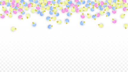 Vector Realistic Colorful Petals Falling on Transparent Background.  Spring Romantic Flowers Illustration. Flying Petals. Sakura Spa Design. Blossom Confetti. Design Elements for Wedding Decoration.