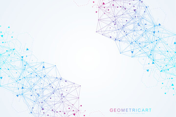 Geometric abstract background with connected line and dots. Scientific concept for your design. Global cryptocurrency blockchain business banner concept. Vector illustration