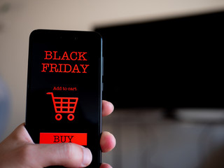 Hand holding phone with black friday app to buy a television. Shopping online. First person point of view