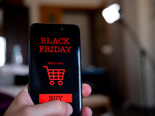 Hand holding phone with black friday app in living room. Shopping online. First person point of view
