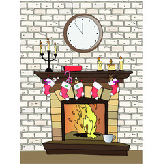 A Christmas picture with a fireplace decorated with New Year's socks, toys and candles against the backdrop of a white painted wall.