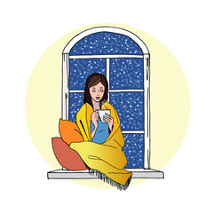 Vector image of a young girl in a snowy winter window, you can use for book and magazine illustration, design of cards and other works