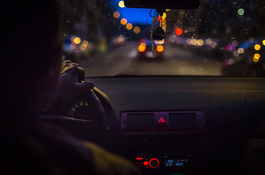 Bokeh Lights From Traffic On Night Time For Background. Blur Image