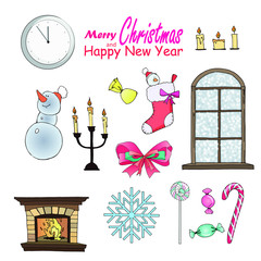 Isolated vector colored elements on the theme of New Year and Christmas on a white background. You can use for the design of postcards, book illustration, napkins, textiles, and more