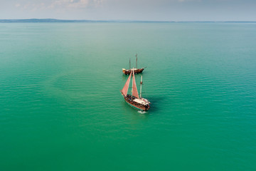 aerial photo of beautiful pirate ship