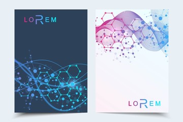 Minimal brochure templates, magazine, leaflet, flyer, cover, booklet, annual report, banner. Scientific concept for medical, technology, chemistry. Hexagonal molecule structure. Dna, atom, neurons.