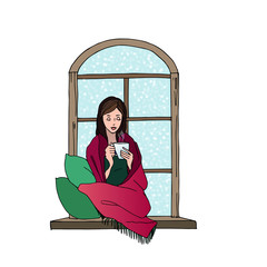 Vector image of a young girl in a snowy winter window, you can use for book and magazine illustration, design of cards and other works
