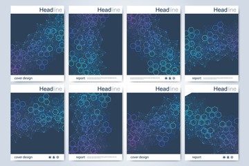 Minimal brochure templates, magazine, leaflet, flyer, cover, booklet, annual report, banner. Scientific concept for medical, technology, chemistry. Hexagonal molecule structure. Dna, atom, neurons.