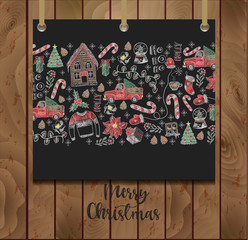 Banner of  Merry Christmas with elements painted colored chalk on blackboard. Vector.