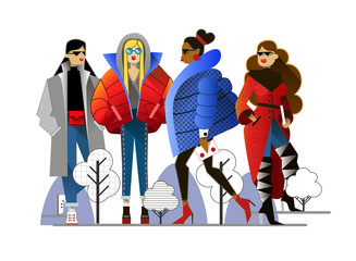 Girls in winter outer clothing in a flat style, isolated on white background. Fashion illustration.