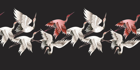 Bezszwowa granica z japońskim białym żurawiem w stylu batiku. Ilustracji wektorowych. - 223147484