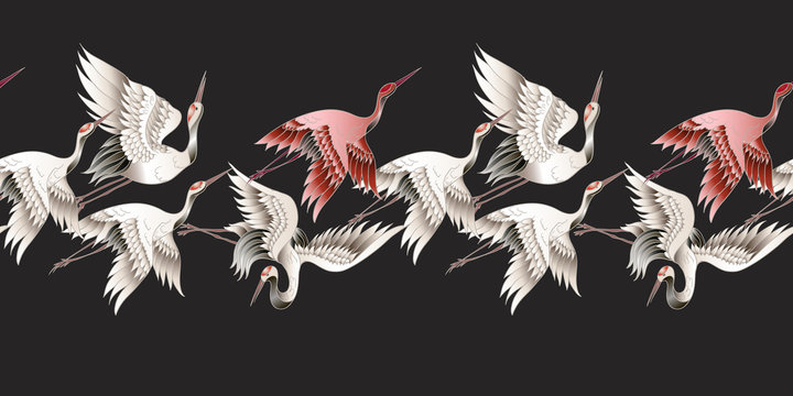 Seamless border with Japanese white crane in batik style. Vector illustration.