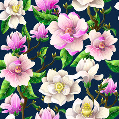 Seamless pattern with magnolia flowers on a blue background. Vector illustration. © Yumeee