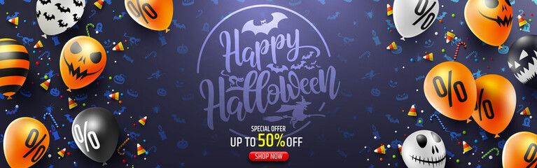 Halloween Sale Promotion Poster with Halloween candy and Halloween Ghost Balloons.Scary air balloons.Website spooky or banner template.Vector illustration EPS10