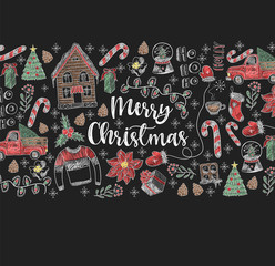 Fototapeta na wymiar Banner of Merry Christmas with elements painted colored chalk on blackboard. Vector.