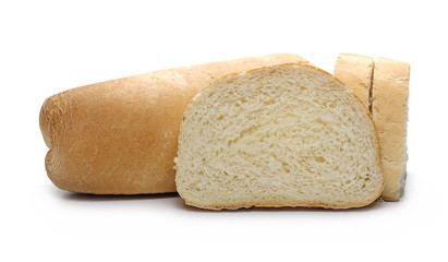 Bread loaf with slices isolated on white background