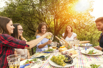 happy people enjoy their al fresco garden party in the late afternoon drinking wine and having some salad and a variation of cheese