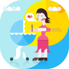 Mother and son in a stroller. Vector illustration in a geometric style.