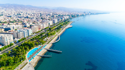 Aerial view of Molos Promenade park on coast of Limassol city centre,Cyprus. Bird's eye view of the...