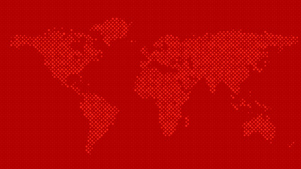 Red halftone world map background - vector graphic with dots