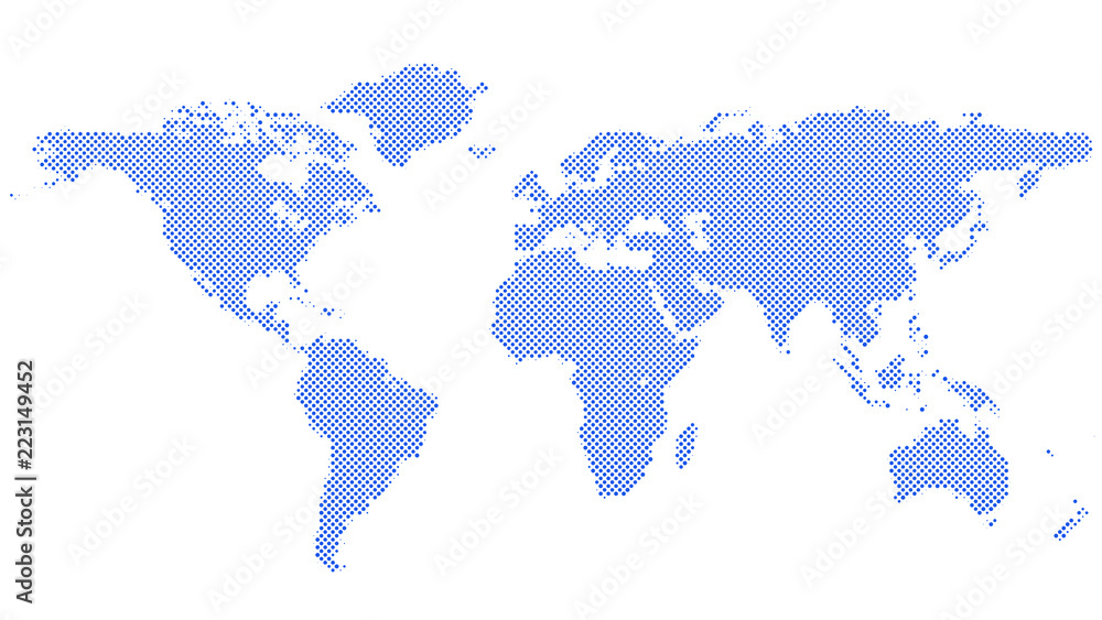 Poster blue halftone circle pattern world map background - vector graphic