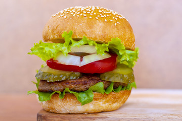 Burger on a wooden board