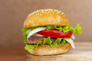 Burger on a wooden board