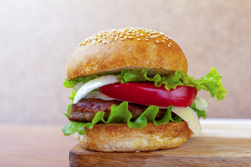 Burger on a wooden board