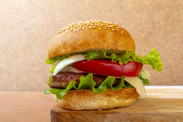 Burger on a wooden board