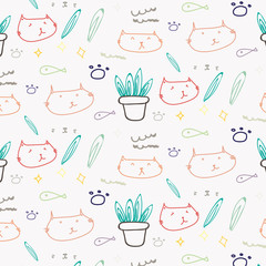 Cute cat doodle pattern background. Vector illustration.