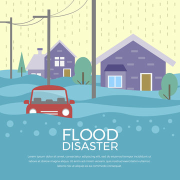 Flood disaster concept with house and car are flood  vector design