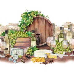 Watercolor barrel, box of grapes, wine glasses and bottles, cheese and star anise