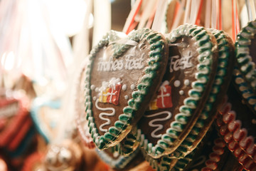 Close-up of traditional German cookies on Christmas market.