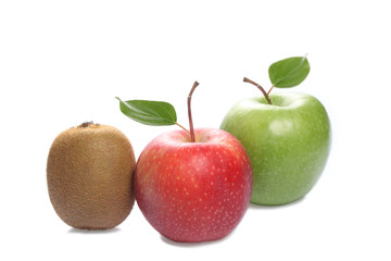 two apples and one kiwi isolated on whiote background