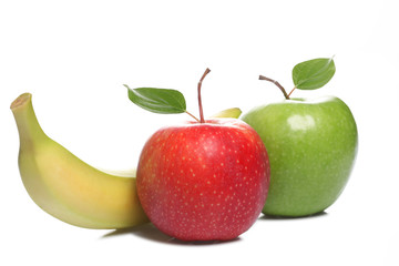 two apples and one banana isolated on whiote background