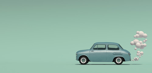 Fototapeta na wymiar Banner with a passenger blue retro car with an exhaust gas in a cartoon style. Isolated on a turquoise background. 3D rendering.