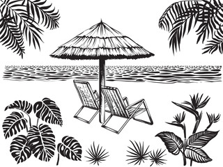 Beach scenery landscape view with tropical leaves. Umbrella and two chairs, vector sketch.