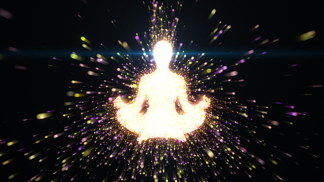 Female figure as silhouette in seated lotus yoga pose with streams of radiating energy