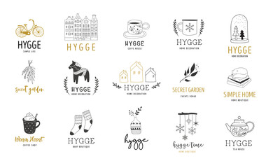 Hygge - Simple Life in Danish, collection of hand drawn elegant and clean logos, elements