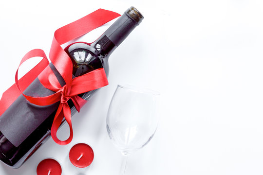 Concept Valentine Day With Wine At White Background Top View