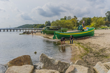 Fishing Boats on Beach at Orlowsk, Sopot, Poland, & the Baltic Sea.