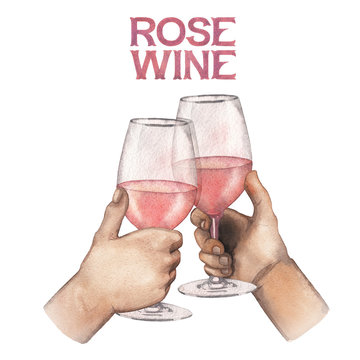 Two watercolor hands holding glasses of rose wine.