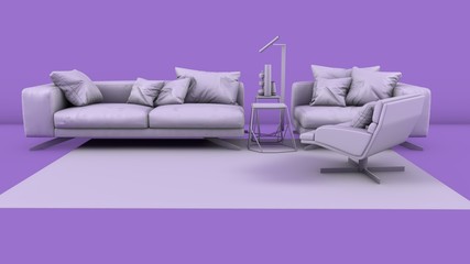 3D illustration couch setup isolated on puple background
