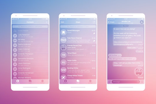 Messaging App WhatsApp UI and UX Concept Realistic Vector Mockup in Minimalist Color Flow Limpid Theme on Smart Phone Screen. Social Network Design Template